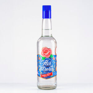 Botella de anís Flor de Utrera Anís Seco con etiqueta azul y fondo blanco