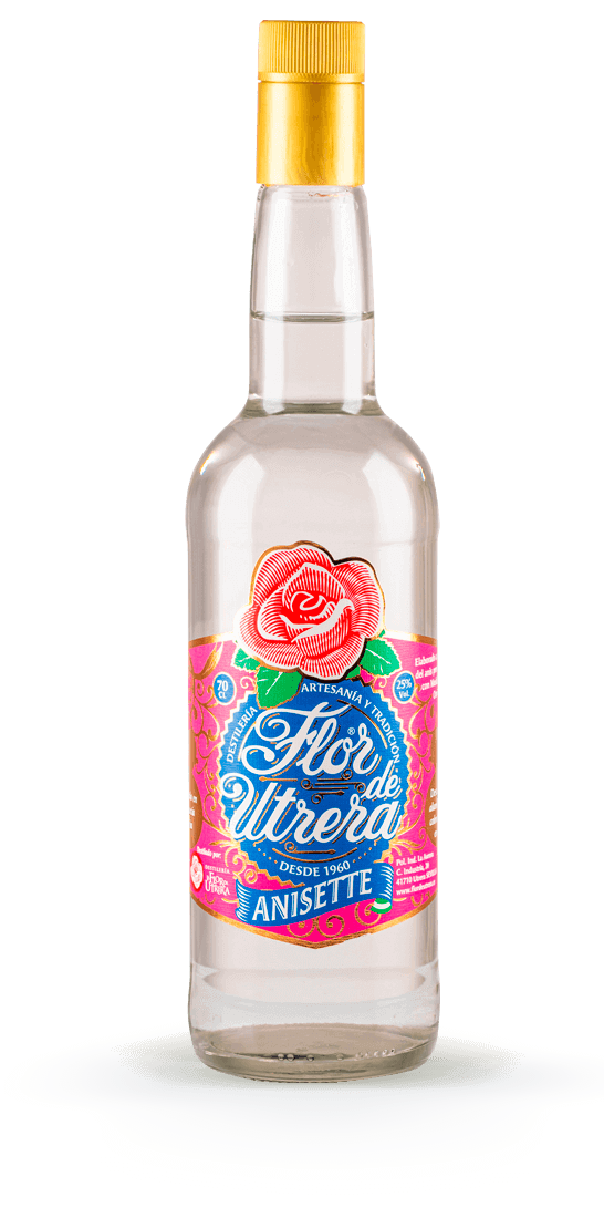 Botella de Anisette Flor de Utrera, anís artesanal tradicional de Utrera