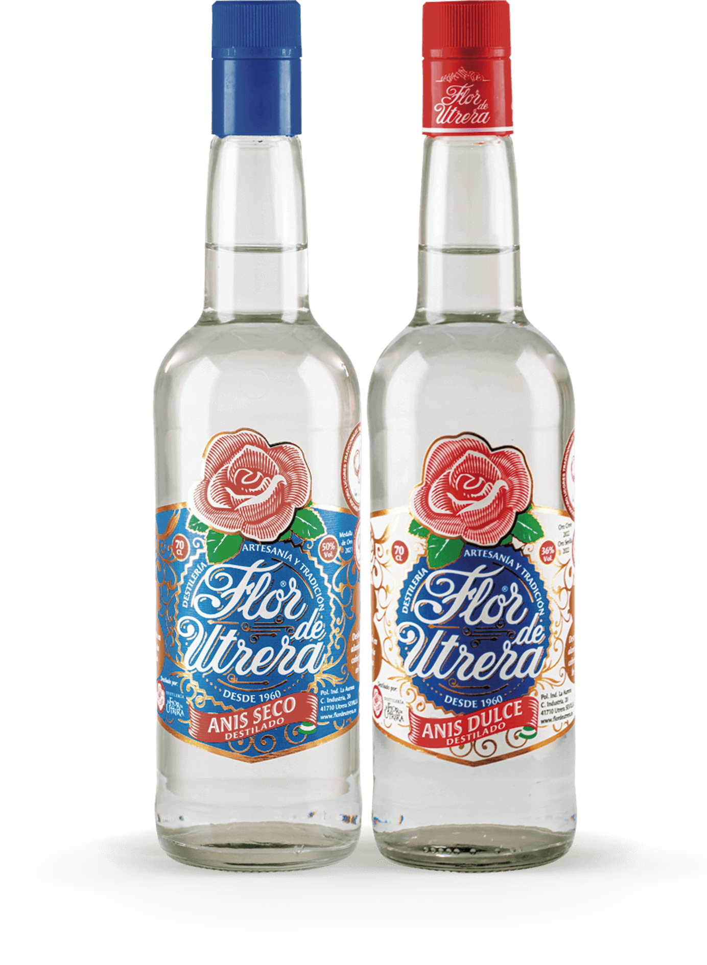 Botellas de Anís Seco y Anís Dulce de la destilería Flor de Utrera, elaborados de manera artesanal desde 1960