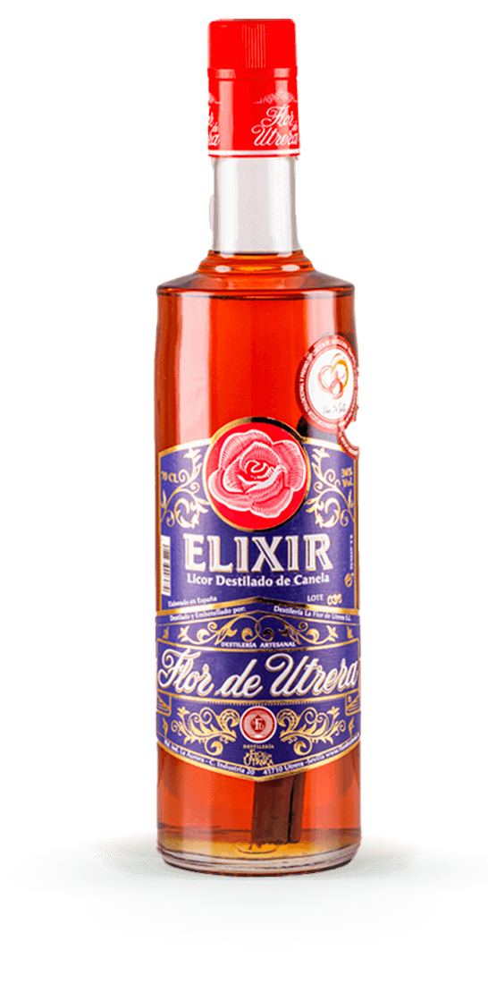 Botella de Elixir Licor Destilado de Canela Flor de Utrera, licor artesanal de color ámbar con etiqueta azul y roja