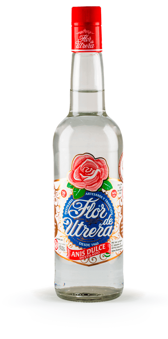 Botella de Anís Dulce Flor de Utrera, licor destilado artesanal con etiqueta de rosa roja y fondo blanco