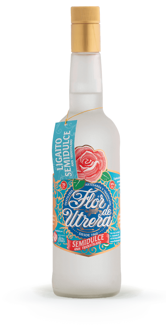 Botella de Anís Semidulce Flor de Utrera con etiqueta azul y dorada, licor tradicional de alta calidad